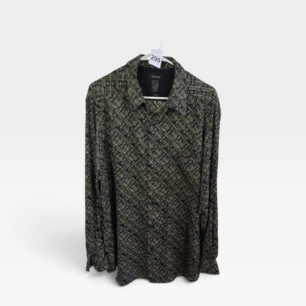 Claiborne Men's 100% Rayon Long Sleeve Button-Down Shirt Abstract Grid Size XL